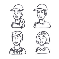 Outline vector male and woman faces icons set 