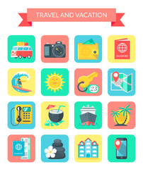 Travel and Holiday Icons. Set of modern flat square and round icons of summer holidays and travel.