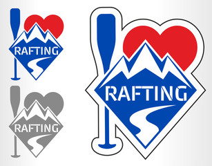 vector rafting emblem labels with mountains. I love rafting.