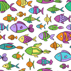 Obraz premium Hand drawn colorful seamless pattern with fishes