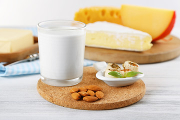 Fresh dairy on table, closeup