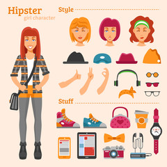 Hipster Girl Character Decorative Icons Set 
