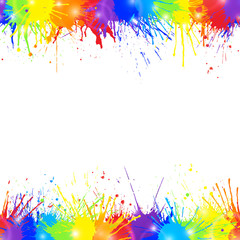 Bright colorful background with rainbow colored paint splashes and space for text. Seamless borders. Vector illustration.