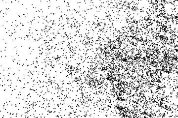 Grainy grunge abstract texture on white background. Random spread of black sparkles. Black glitter blow explosion on white background. Randomly sprayed twinkles and drops.