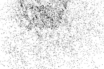 Grainy grunge abstract texture on white background. Random spread of black sparkles. Black glitter blow explosion on white background. Randomly sprayed twinkles and drops.