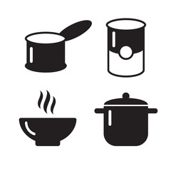 Bowl, can and pot black icons set. Soup symbols. Pot icon utensil bowl utensil, cook soup utensil