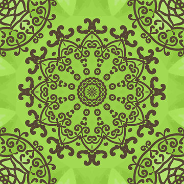 Floral Seamless Pattern on green texture, hand-drawn mandala flower. Ornamental round seamless lace pattern. 