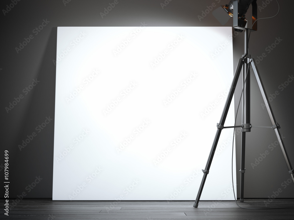 Poster black projector and big blank canvas. 3d rendering