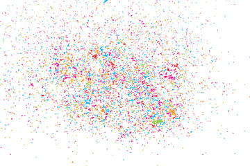 Colorful celebration background with confetti isolated on white surface.