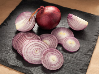 Cut red onion on a chopping board
