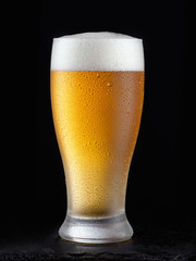 Fresh beer in glass on a black background.