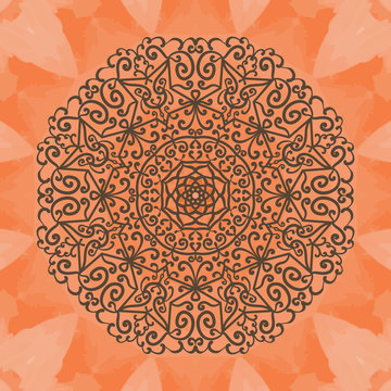 Elegant mandala-like pattern on red seamless texture. Hand-drawn mandala flower. Ornamental round seamless lace pattern. 