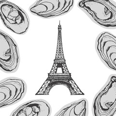 Vector food illustration with set of oysters and Eiffel Tower