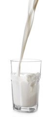 Pouring milk in glass, isolated on white