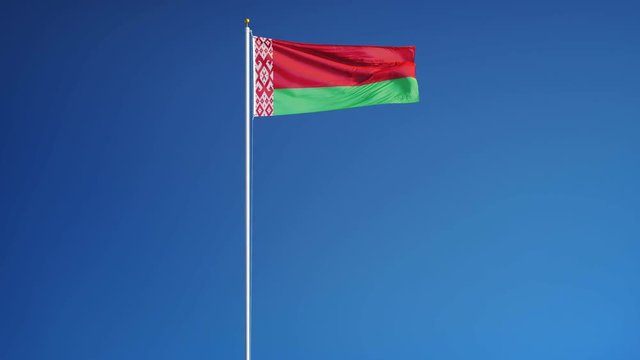 Belarus flag waving in slow motion against clean blue sky, seamlessly looped, long shot, isolated on alpha channel with black and white luminance matte, perfect for film, news, digital composition