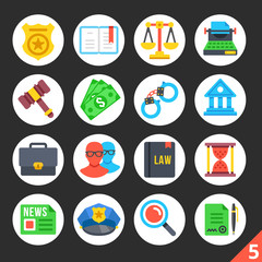 Round flat icons for web sites, mobile apps, web banners, infographics. Premium quality design illustrations. Law, police, justice concepts. Modern flat vector icons set 5
