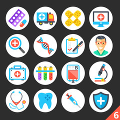 Round flat icons for web sites, mobile apps, web banners, infographics. Premium quality design illustrations. Medicine, healthcare, treatment, science concepts. Modern flat vector icons set 6