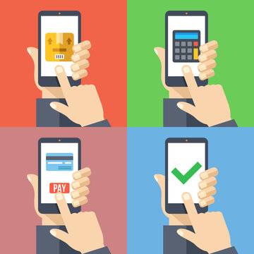 Hands with smartphones 4 banners set. Order goods with smartphone, pay online, shipping cost calculator modern concepts