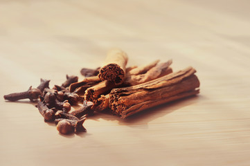 macro of clove spice cinnamon sticks
