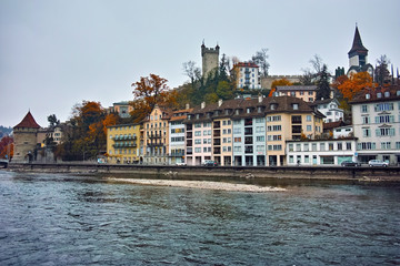 Naklejka premium Amazig view of old town of Luzern and The Reuss River, Switzerland