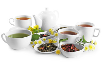 Different sorts of tea on white background