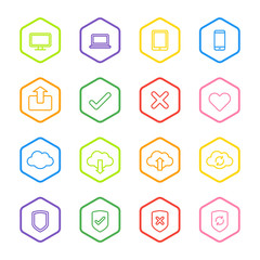 colorful line web icon set with hexagon frame for web design, user interface (UI), infographic and mobile application (apps)
