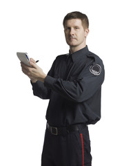 serious police officer holding notebook