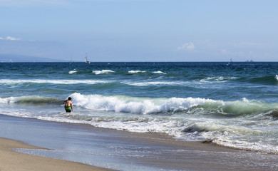 Pacific ocean is clear day. Beach landscape in the US with the blue sea. 