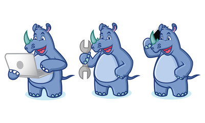Naklejka premium Blue Rhino Mascot with laptop