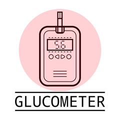 Glucometer, test strip. Label, flat icon, medical equipment. Diabetes
