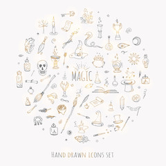 Hand drawn doodle Magic set Vector illustration wizardy, witchcraft symbols Isolated icons collections Cartoon sorcery concept elements Magic wand Love potion Fairy book Fairy tale Snake Crystal ball