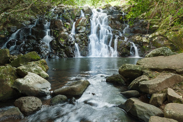 Waterfalls Vacoаs in Vallee des Couleurs. National Park Cascades. Mauritius Island