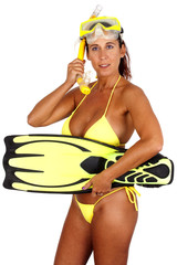 Fit woman in yellow bikini with with mask, fins and snorkel. White background.