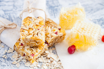 bars of muesli on a table, selective focus