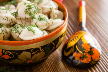 Hot Russian dumplings served dill on plate, selective focus