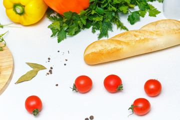 Still life. Food. Bread and tomato.