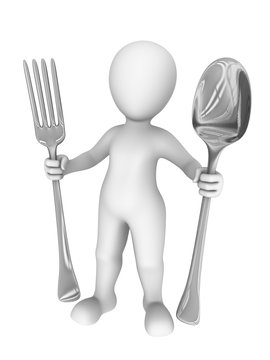 3d Man With Big Fork And Spoon. 3d Illustration.