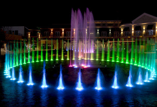 Colorful water fountain during the Christmas Holidays taken at night with long exposure.