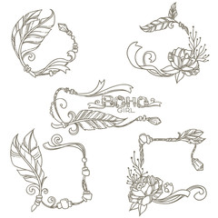 boho chick handdrawn elements, doodle style for coloring books