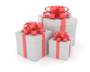three gift boxes with bows isolated on white. 3d rendering.
