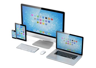 Ultimate web design, laptop, smartphone, tablet, computer, display. 3d rendering.