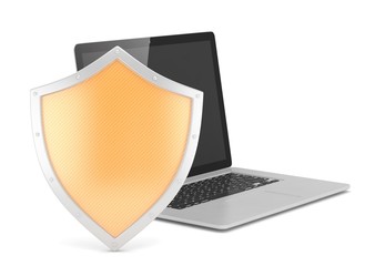 Laptop and shield on white, computer security concept. 3d rendering.