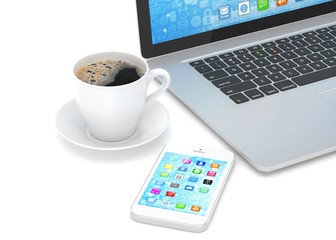 Laptop smartphone and coffee cup. 3d rendering.