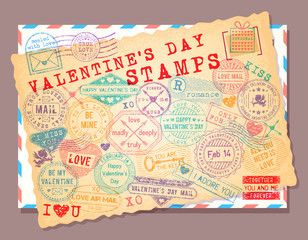 Collection of isolated grunge Valentine's Day stamps. Romantic postage stamp set.