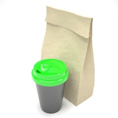 Coffee to go and lunch bag, on white. 3d rendering.