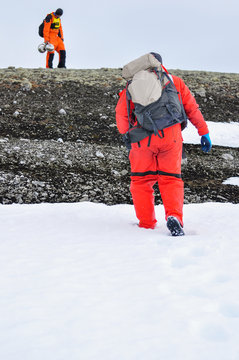 Researcher on the landscape of the Antarctica, South pole