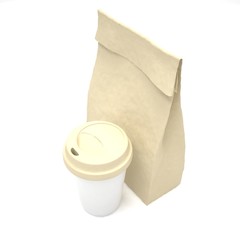 Coffee to go and lunch bag, on white. 3d rendering.