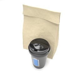 Coffee to go and lunch bag, on white. 3d rendering.