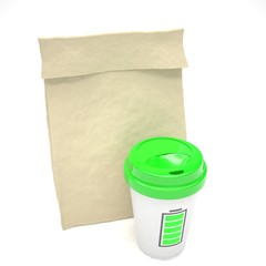 Coffee to go and lunch bag, on white. 3d rendering.