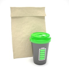 Coffee to go and lunch bag, on white. 3d rendering.